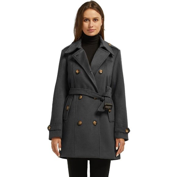 Women's Double Breasted Pea Coat Winter Mid-Long Trench Coat with Belt - Picture 3 of 6